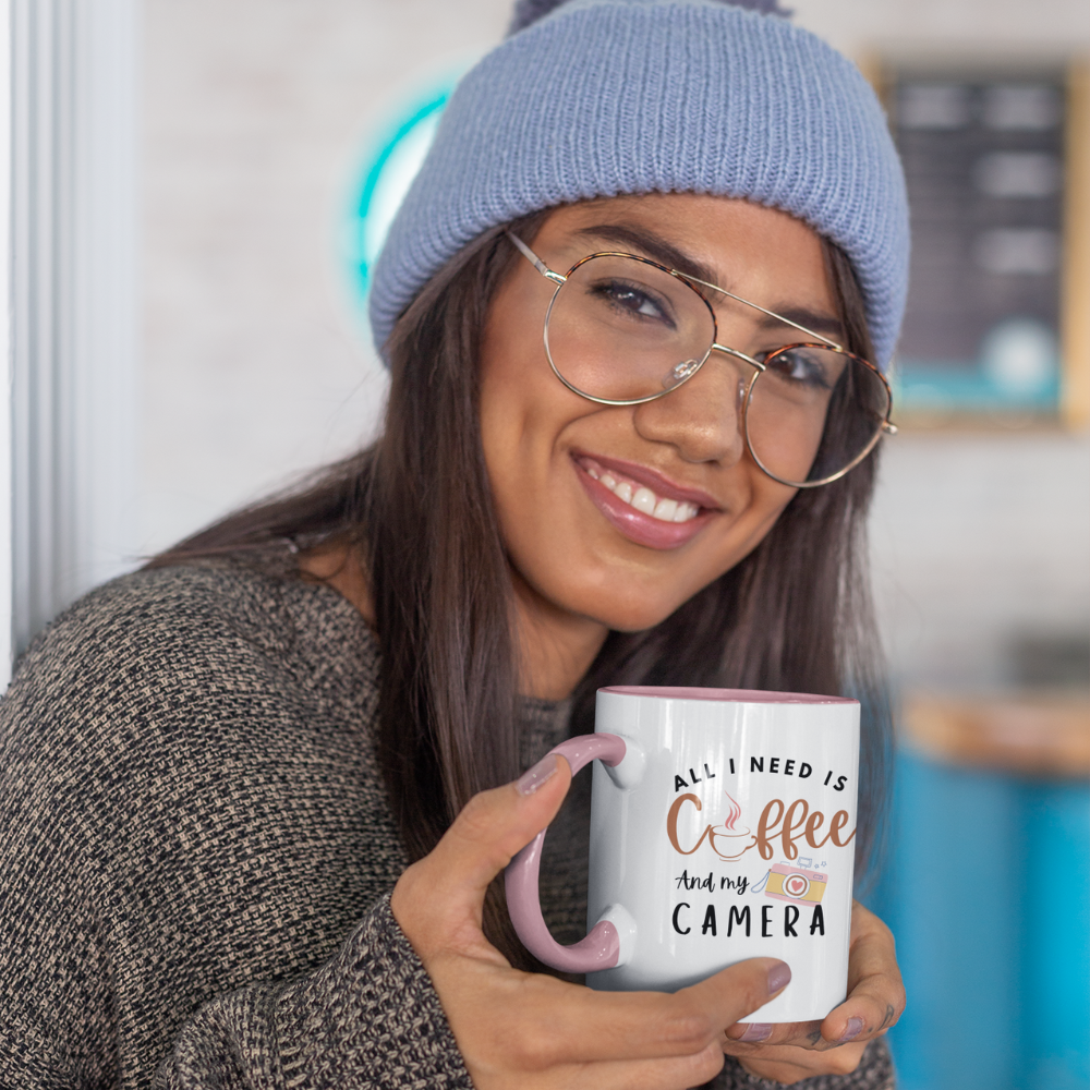 All I Need Is Coffee & My Camera | Accent Coffee Mug, 11oz - ThePrintMasters